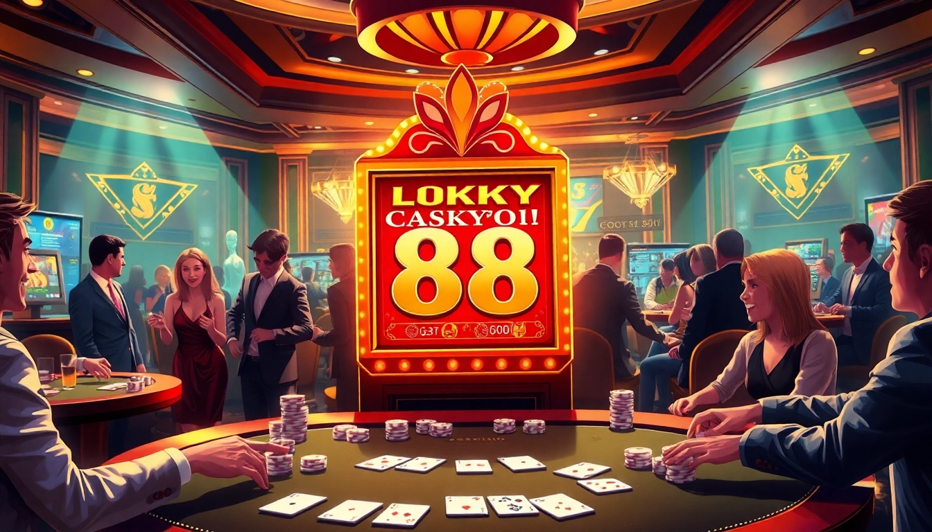 Players enjoying vibrant gameplay at the Lucky88 slot machine in a luxurious casino.