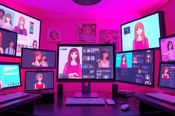 Engaging digital scene illustrating the best NSFW AI platforms with interactive character designs and lively discussions.