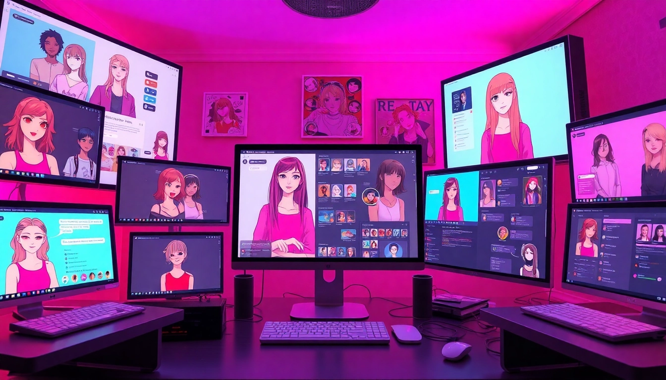 Engaging digital scene illustrating the best NSFW AI platforms with interactive character designs and lively discussions.