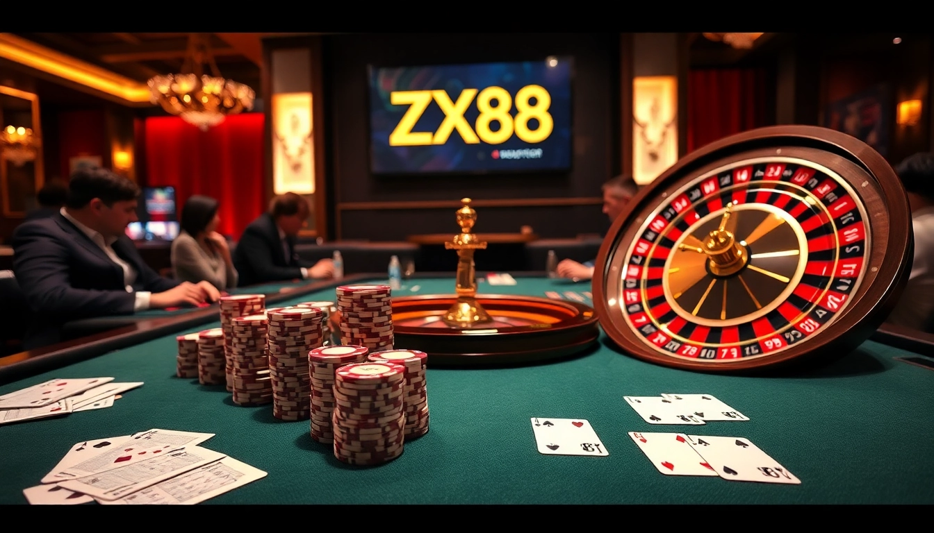Experience the thrill of casino gaming at ZX88, featuring poker chips, cards, and a roulette wheel.