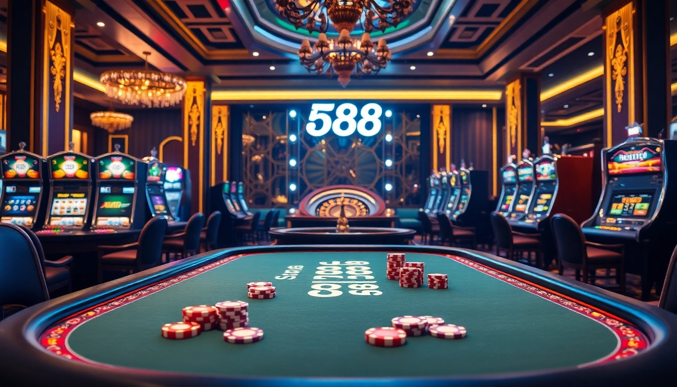 Experience the thrill of J88 gambling at a luxurious casino table with vibrant poker chips and cards.