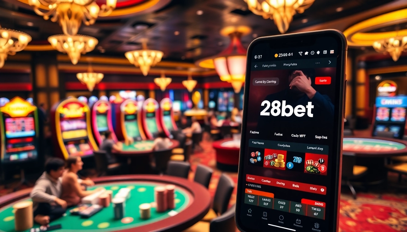 Players enjoying various games at 28bet casino, highlighted by colorful poker chips and a lively atmosphere.