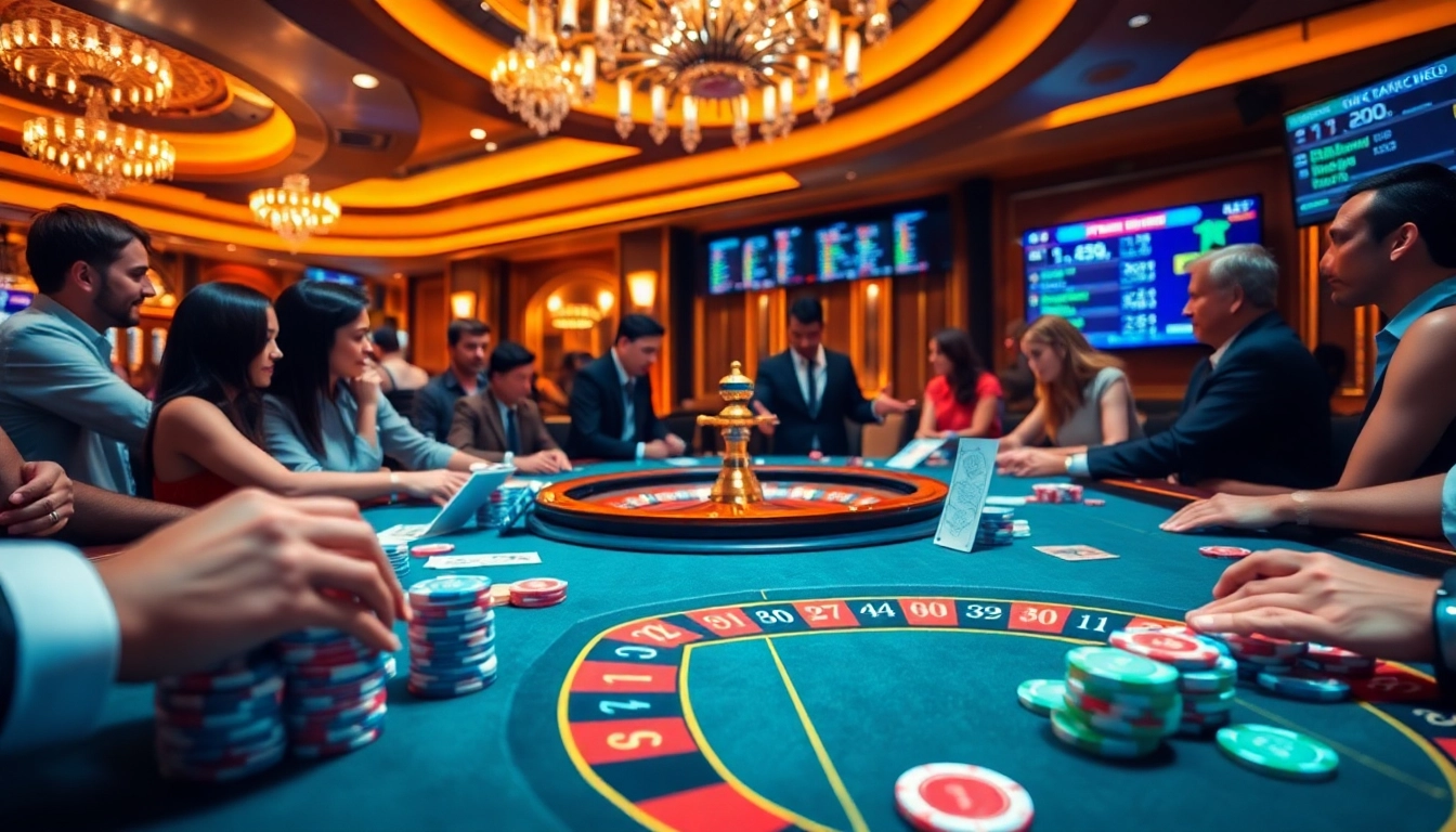 Experience the thrill of Link 8DAY with vibrant poker chips and a spinning roulette wheel in a luxurious casino setting.