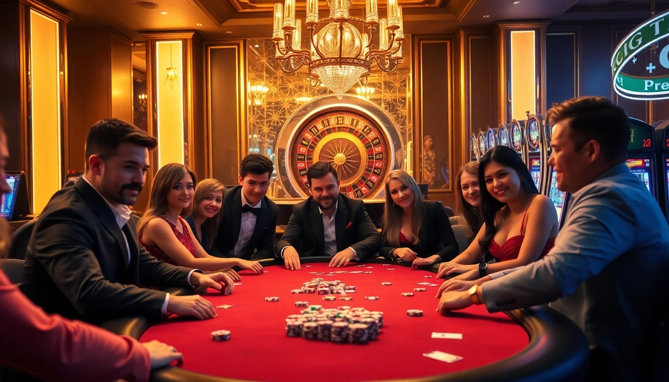 Experience thrilling gambling action at GG88's luxurious casino tables with lively players and vibrant slot machines.