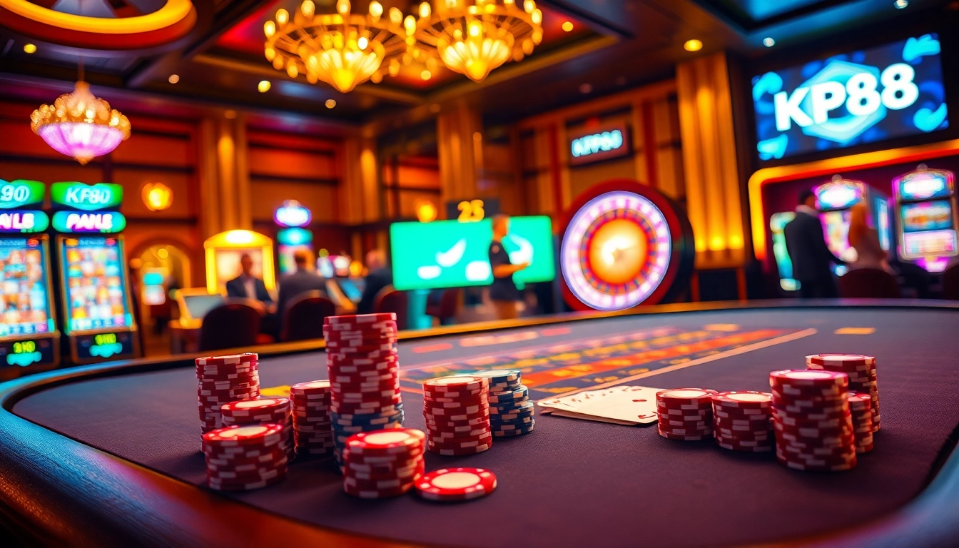 Experience high-stakes action at KP88's vibrant poker table featuring a professional dealer.