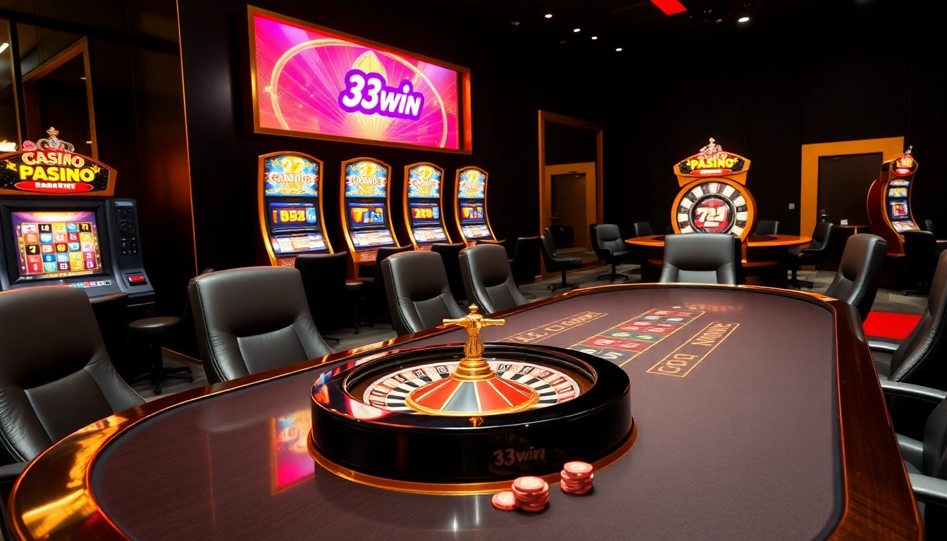 Experience the excitement of 33win featuring luxury casino tables, dynamic slot machines, and vibrant gaming atmosphere.
