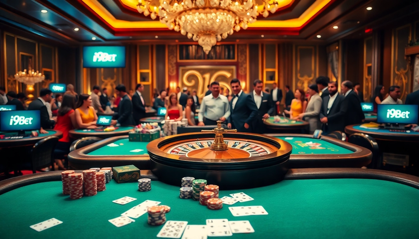 I9BET players enjoying a luxurious gambling experience at a high-stakes poker table with roulette.