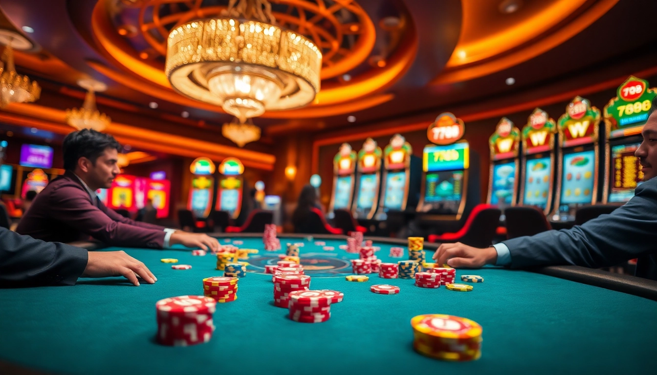 Gamblers strategizing at a poker table, with vibrant chips showcasing their game, representing 789b gaming excitement.