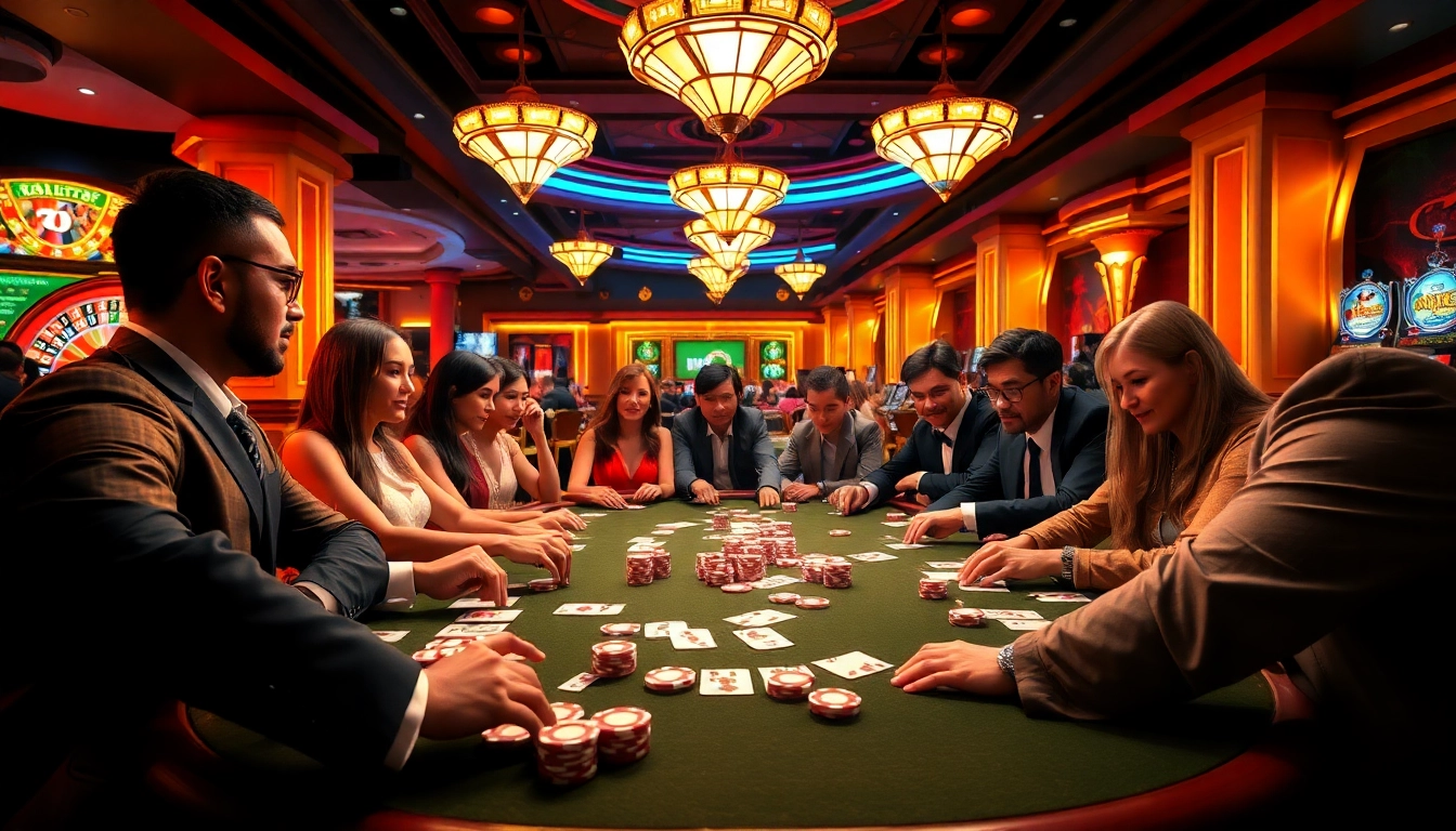 Players enjoy a thrilling poker game at https://tg88com.net/, surrounded by luxurious casino elements and vibrant colors.