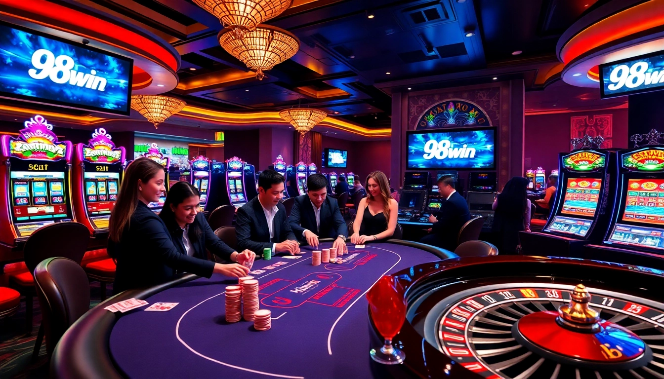 Players enjoying a thrilling blackjack game at 98win casino, showcasing excitement and strategy.