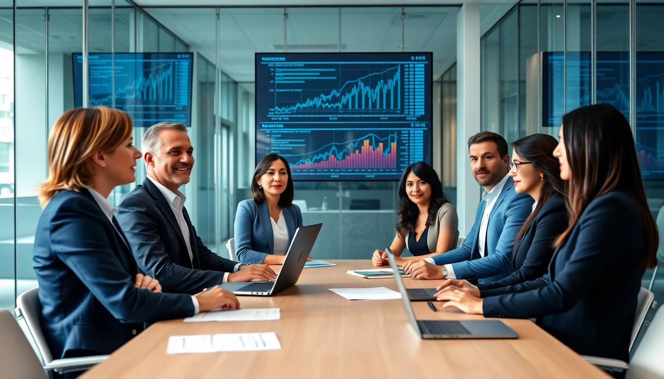 business professionals discussing mergers and acquisitions in the US in a modern office setting