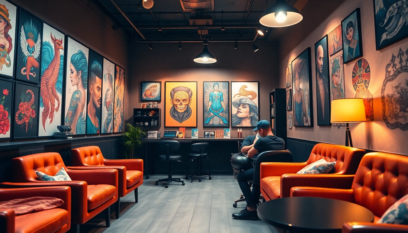 Vibrant tattoo studio interior showcasing artistry at https://89bet.tattoo/ with an artist working on a client.