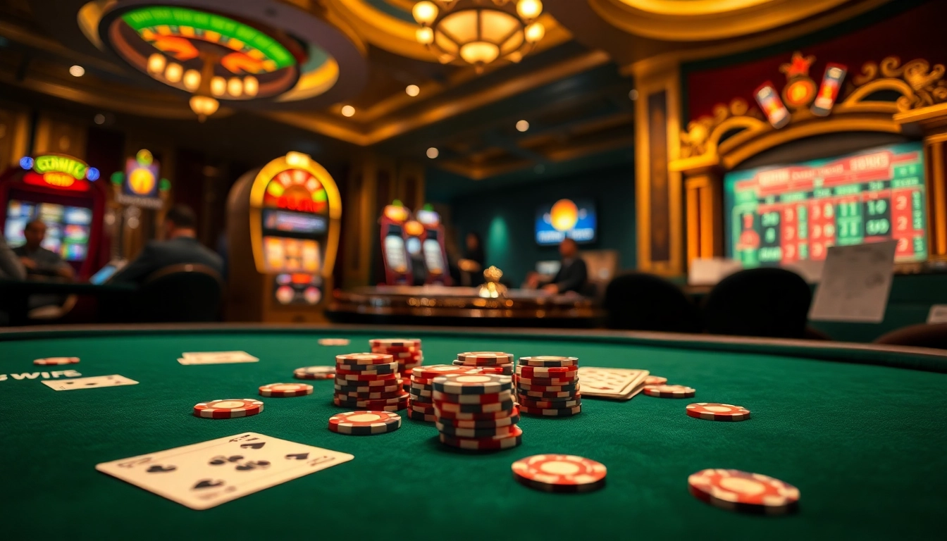 Engage in thrilling gameplay at https://twin68.world/ with vibrant poker chips and a classic roulette scene.