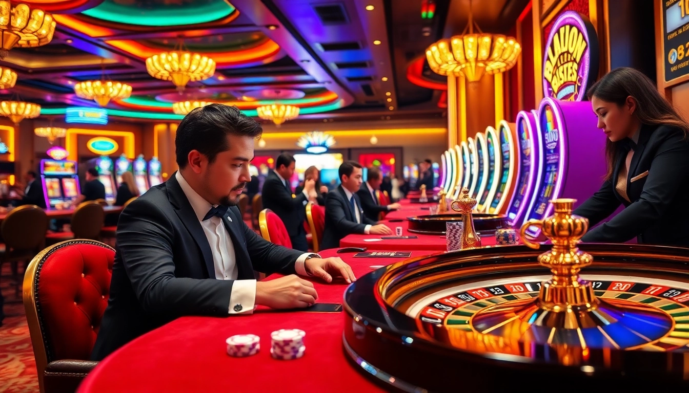 A gambler enjoys a thrilling moment at 88xx.dev's luxurious casino with elegant tables and vibrant slot machines.