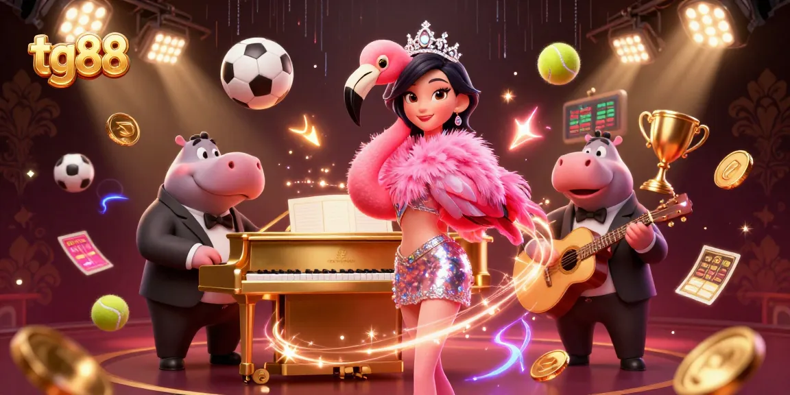 Experience the thrill at tg88 with a vibrant casino scene of a flamingo singer and hippo bassist.