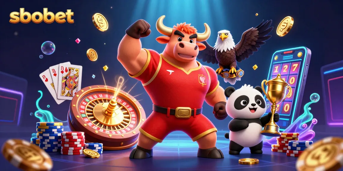 Experience thrilling sports betting at sbobet with a victorious bull mascot and sparkling casino elements.