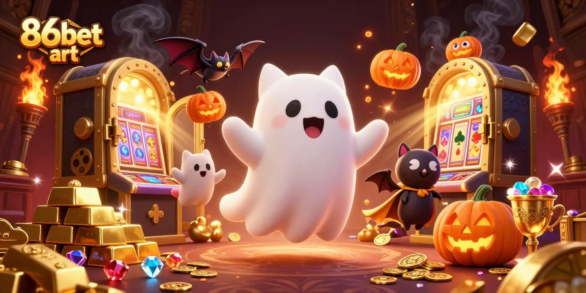 Experience thrilling gameplay with 86bet art in a vibrant casino scene featuring a ghost cat and treasures.