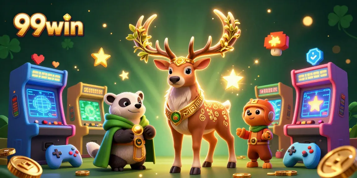 Engage with 99win in a vibrant, cartoon-themed casino scene with animated characters and gaming elements.