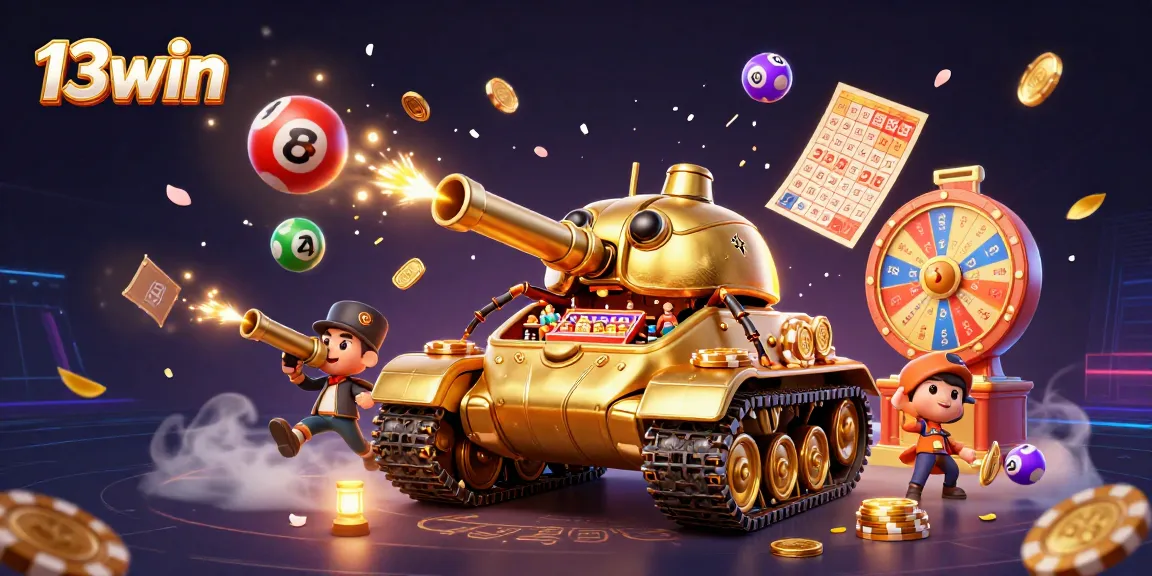 Experience the thrill of 13win with a vibrant 3D casino illustration featuring dynamic lottery elements.