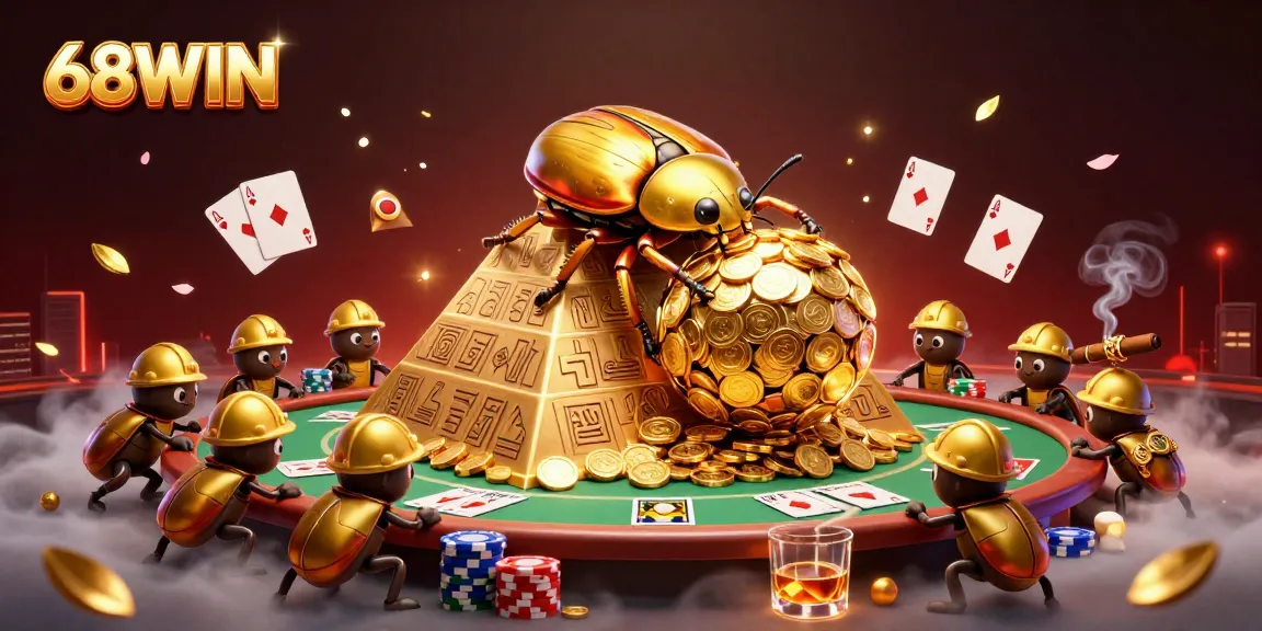 Experience the excitement of 68WIN with golden beetles rolling coins up a pyramid in a vibrant casino adventure.
