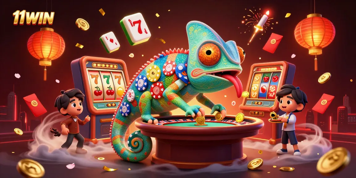Enjoy thrilling casino entertainment with 11WIN's colorful chameleon owner amidst vibrant gaming elements.