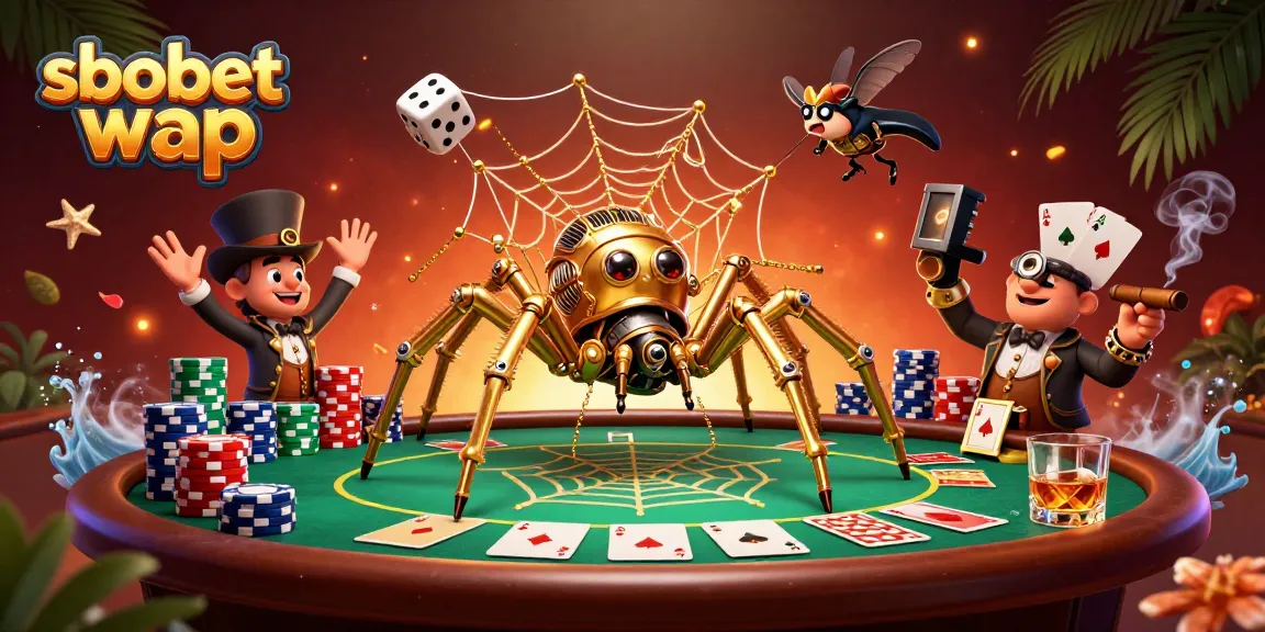 Engage with sbobet wap through this vibrant steampunk casino scene featuring golden spider and poker elements.