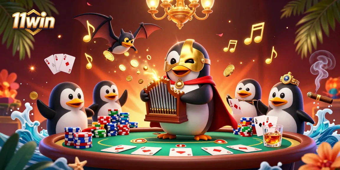 Experience thrilling gameplay with 11win's vibrant casino scene featuring a unique penguin organist.