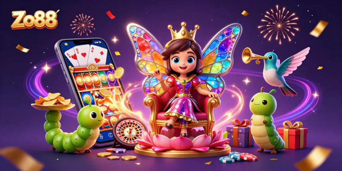 Immerse in Zo88's vibrant gaming world with a whimsical butterfly queen, colorful slots, and festive casino elements.