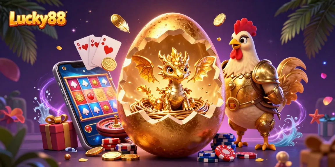 Win big with Lucky88: a vibrant scene of a golden dragon amidst casino symbols.