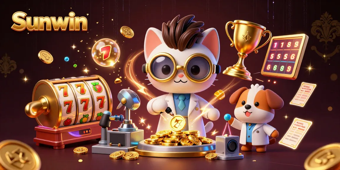 Engage with Sunwin's exciting slot games, featuring golden trophies and vibrant reels.
