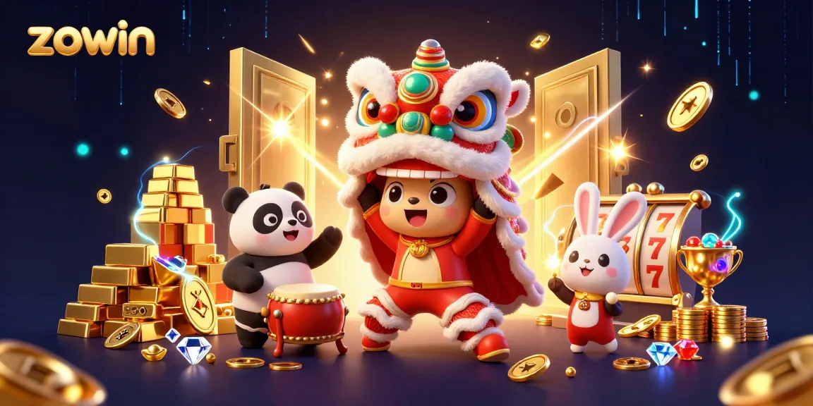 Zowin jackpot elements sparkle with a lion dance and vibrant casino atmosphere.