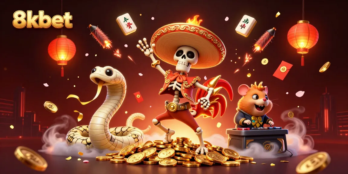 Experience the fun of 8xbet with vibrant gaming elements and festive characters in a dynamic casino scene.