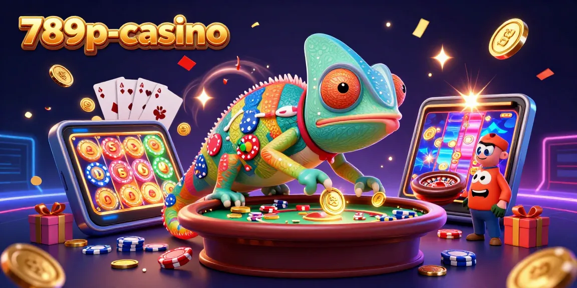 Experience excitement at 789p-casino with a dynamic 3D illustration of a chameleon casino owner and game elements.