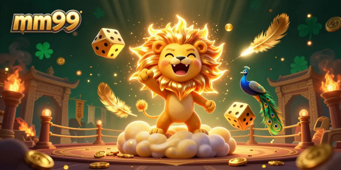 Engage with mm99's vibrant gaming world featuring games, a roaring sun lion, and golden dice.