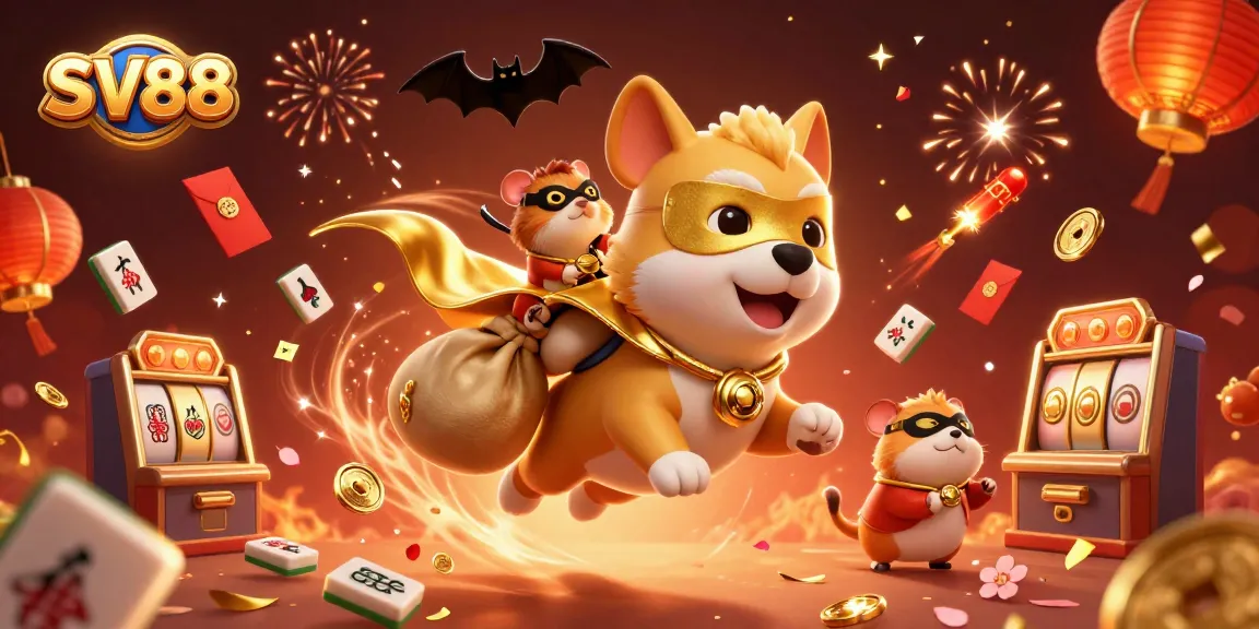 SV88 casino illustration with a superhero dog and sidekick celebrating the thrill of winning.