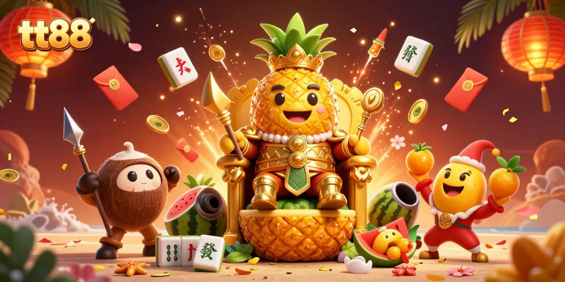 Win big with tt88 in a vibrant casino scene featuring a golden pineapple king and joyful elements.