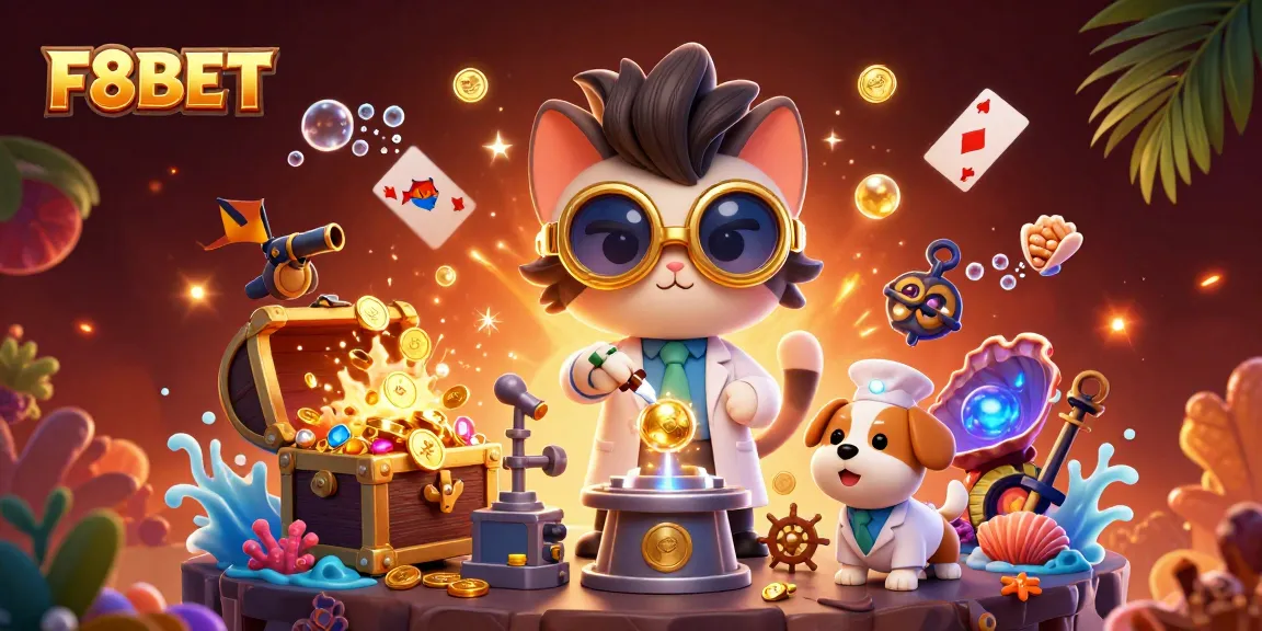 Win big with F8BET at this vibrant 3D casino scene featuring playful characters and exciting gaming elements.