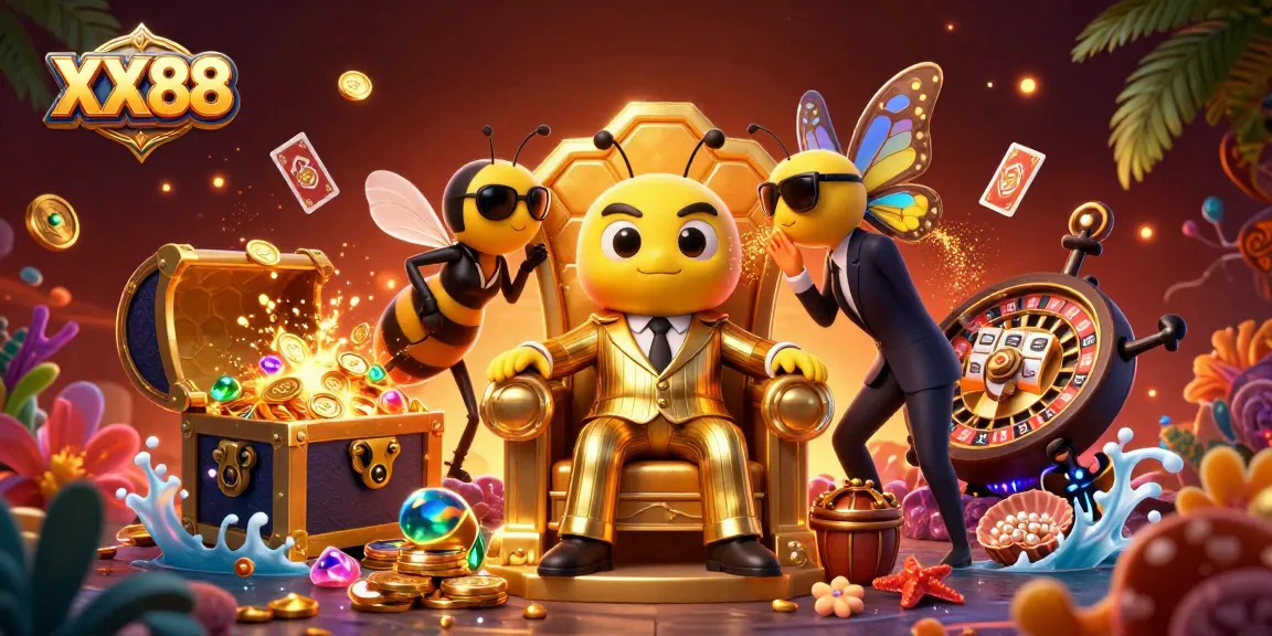 Engage in thrilling gameplay at XX88 casino with colorful casino elements and lively characters.
