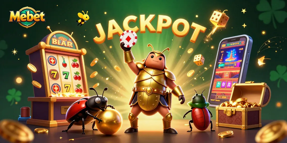 Mebet showcases a victorious hercules beetle amid vibrant casino elements and a jackpot explosion.