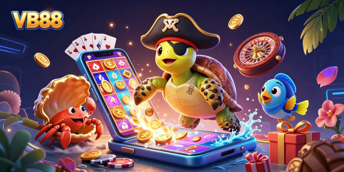 Spin reels and win big with VB88 in this colorful 3D casino-themed illustration featuring vibrant characters and gaming elements.