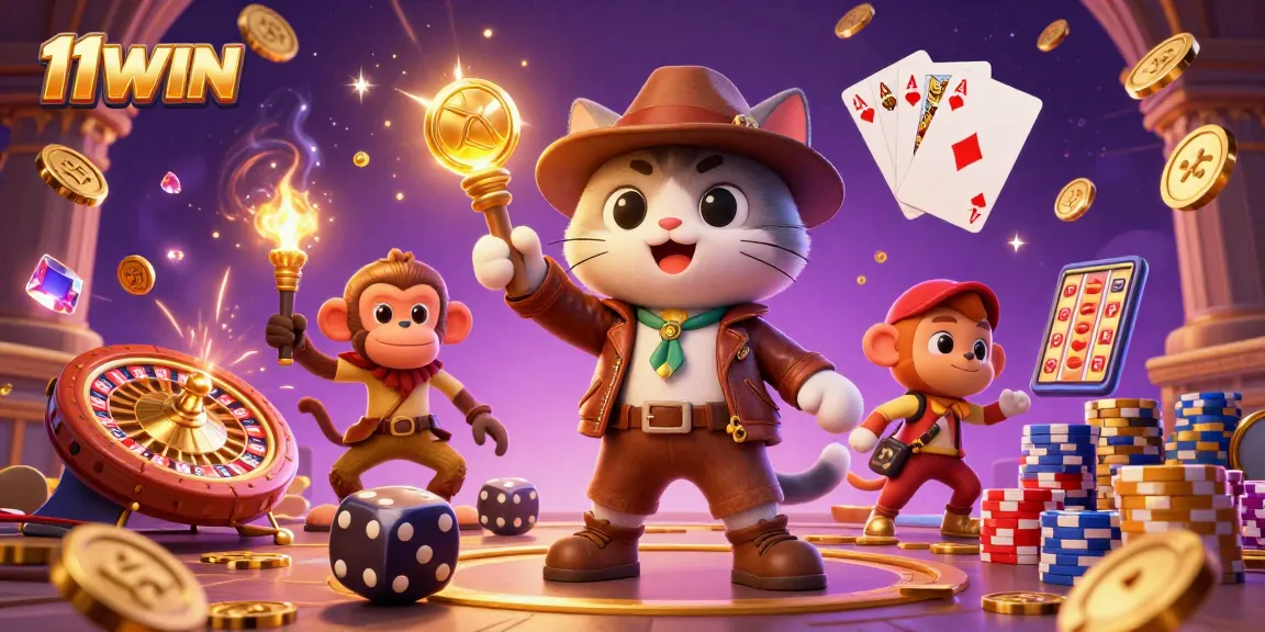 Experience the thrill of 11WIN with a dynamic 3D scene of an explorer, monkey, and casino treasures.