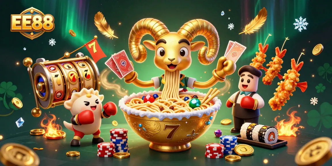 EE88 features a vibrant illustration of a golden ramen bowl dealer stacked with chips and cards amidst a dynamic casino scene.