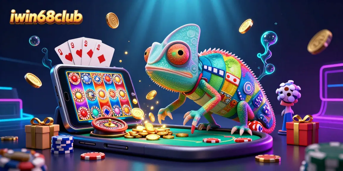 Engage with iwin68club's vibrant gaming scene featuring a colorful chameleon and dynamic casino elements.