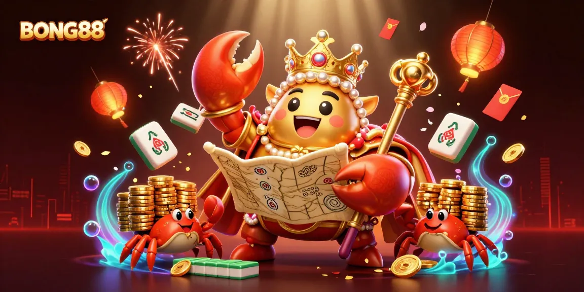 BONG88 brings excitement as the golden crab emperor leads a treasure hunt with glowing casino elements.