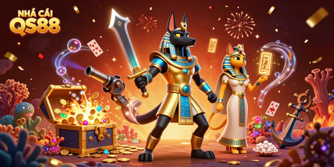Engage with NHÀ CÁI QS88 in a vibrant 3D scene featuring gaming excitement and treasure.