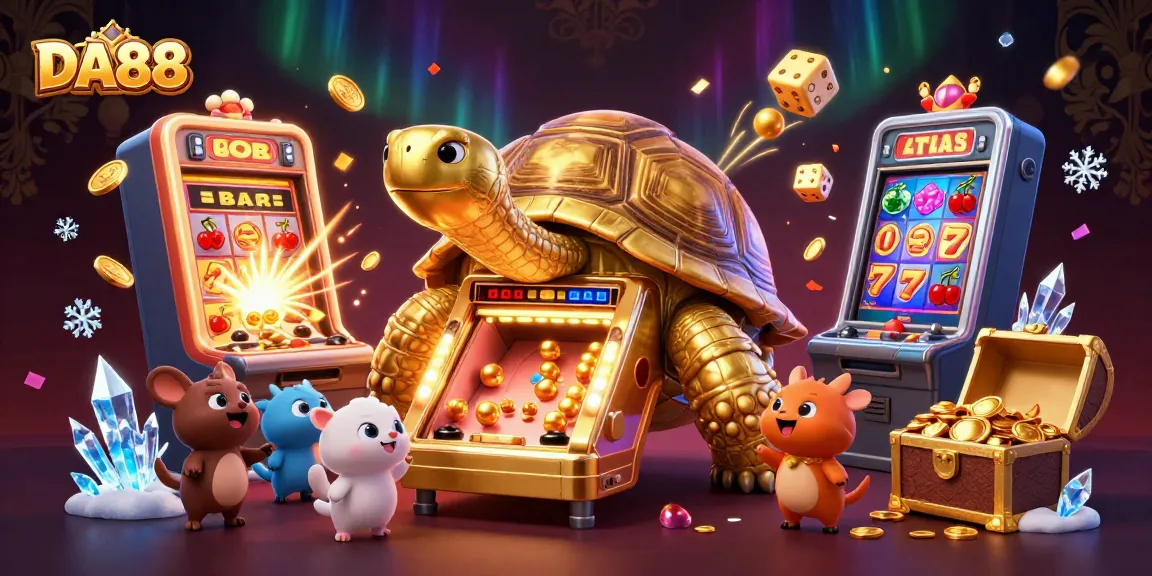 Spin to win with DA88 in an exhilarating casino-themed 3D illustration featuring a golden tortoise and jackpot elements.
