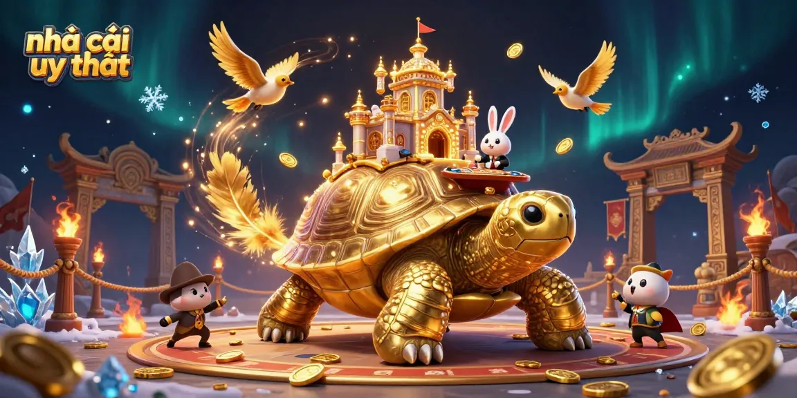 Experience the thrill at nhà cái uy tín with a vibrant casino scene featuring a tortoise and a rabbit dealer.