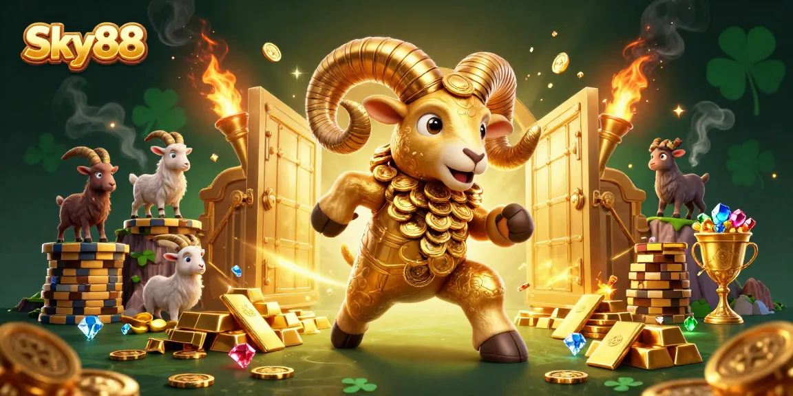 Bet on Sky88 with golden treasures and dynamic casino action in a vibrant 3D illustration.
