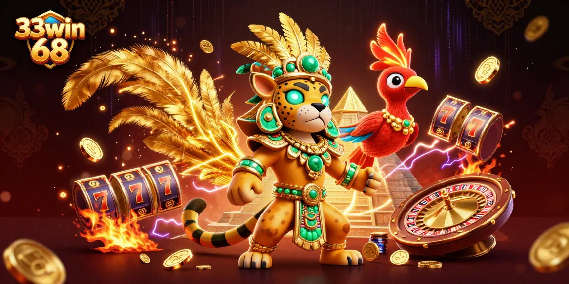 Engage with thrilling slots and jackpots at 33win 68, depicted in vibrant digital artwork.