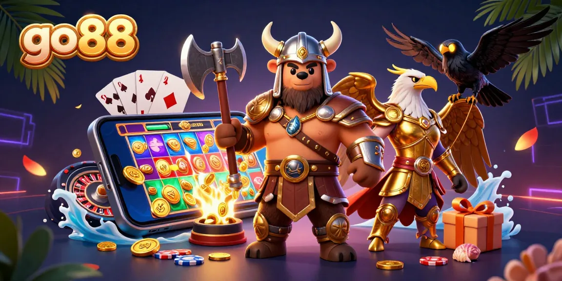 Engage with go88 as Viking berserker and Valkyrie eagle win big in a vibrant casino scene filled with game excitement.
